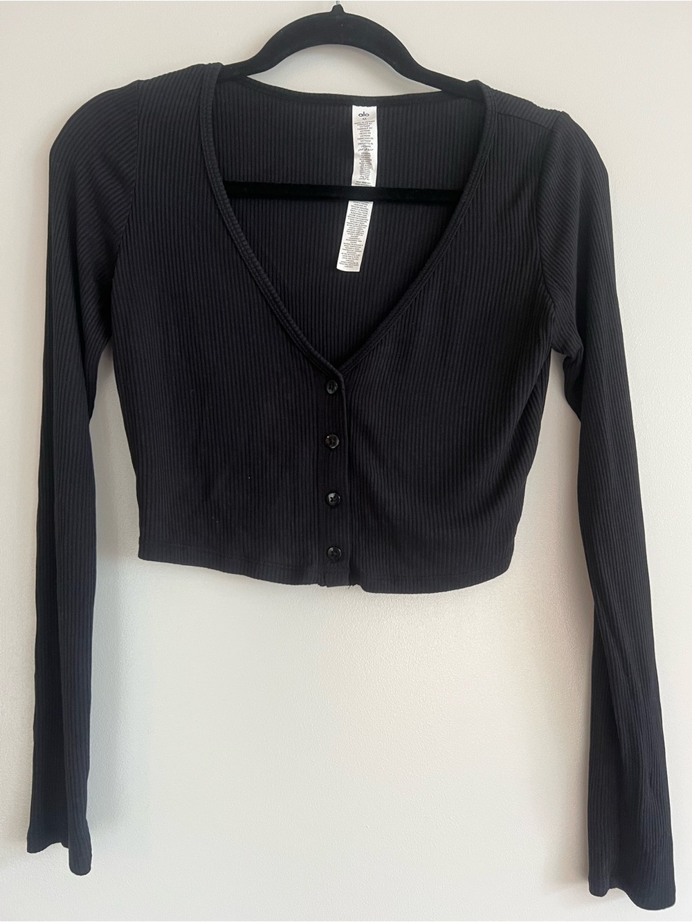 ALO Yoga Black Ribbed V-Neck Button Crop Top